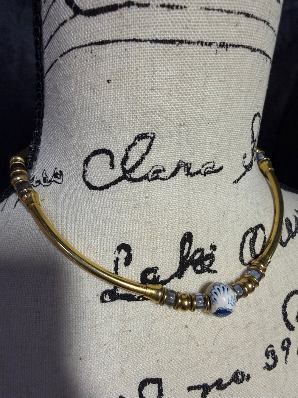 Vintage Gold Tone Torque Necklace | Hand-Painted Porcelain Bead Estate